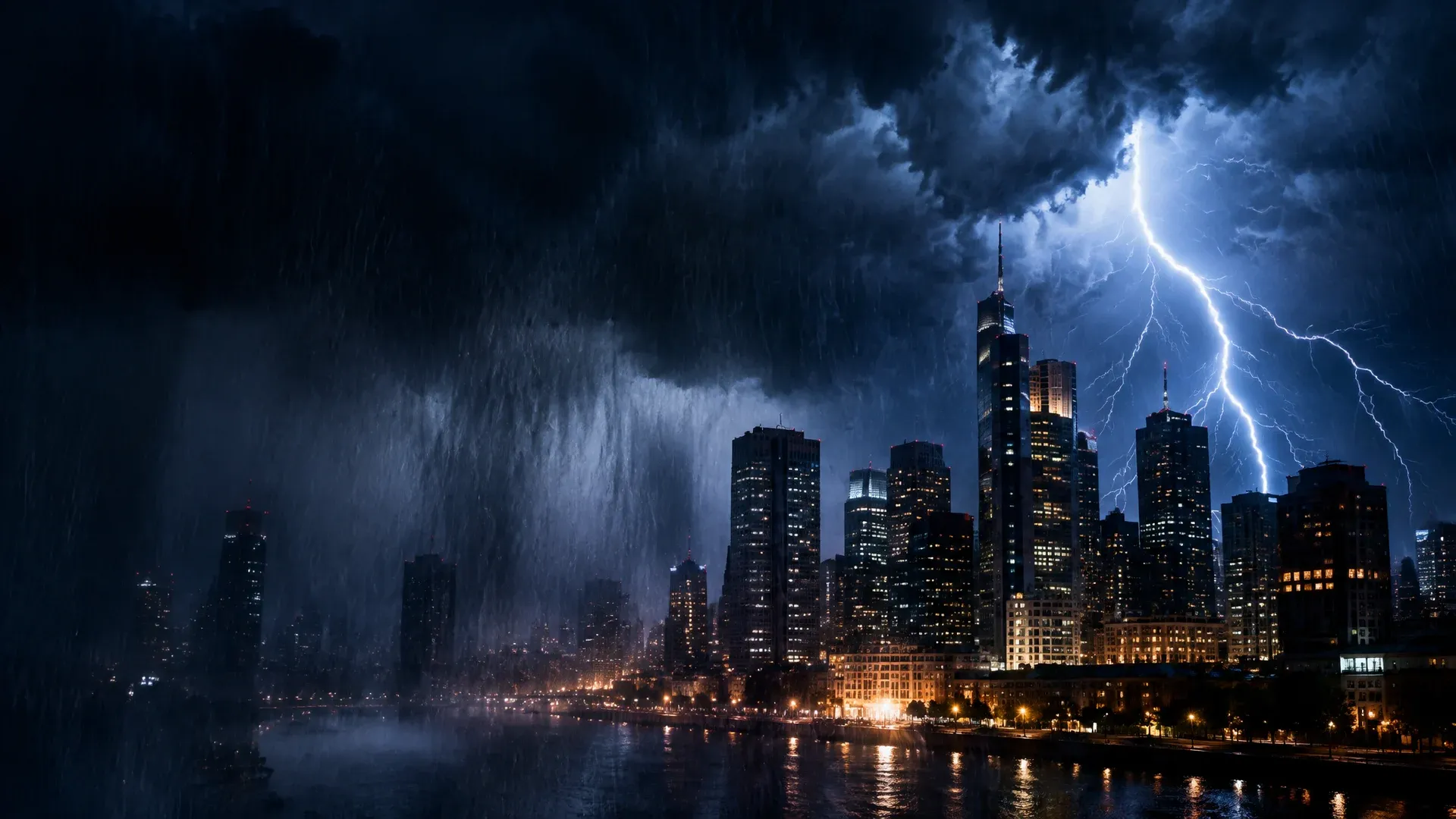 Schwere Gewitterfront mit Blitz über einer dunklen Hochhaus-Skyline bei Nacht, die unteren Stockwerke noch beleuchtet