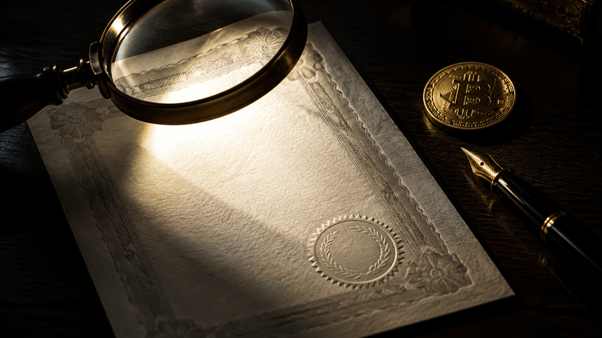 Unbedrucktes Wertpapierdokument mit Prägesiegel unter einer Messinglupe, daneben eine Münze mit Bitcoin-Symbol und ein Füllfederhalter