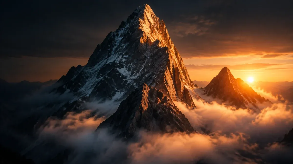 Zwei unterschiedlich hohe Felsgipfel eines Gebirgsgrats im Licht des Sonnenaufgangs, Nebel im Tal dazwischen, der höhere Gipfel dominiert die Bildmitte