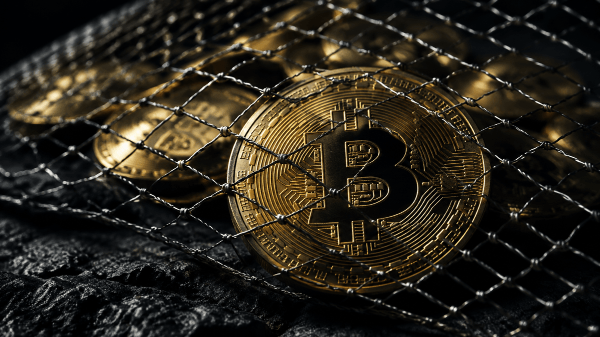 Gespanntes Netz aus feinem Metallgeflecht über mehreren Goldmünzen mit Bitcoin-Zeichen auf dunklem Stein, eine Münze groß im Vordergrund