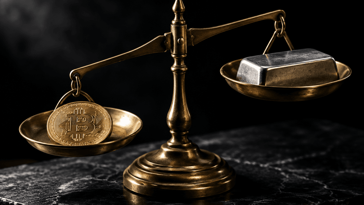 Schief stehende Balkenwaage aus Messing, auf der linken Schale eine Goldmünze mit Bitcoin-Zeichen, auf der rechten ein glatter Metallbarren