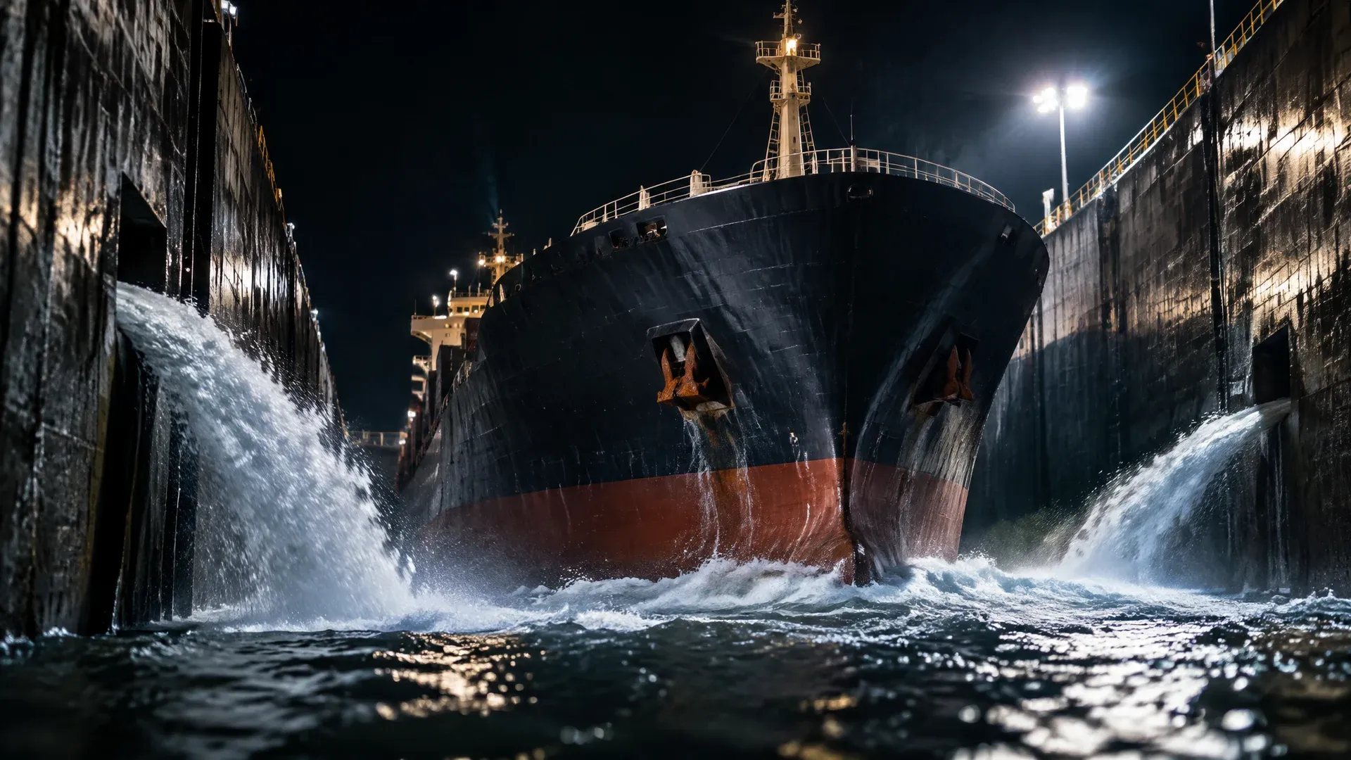 Eine Schleusenkammer bei Nacht, ein schwerer Frachter liegt tief zwischen den Betonwänden, während Wasser aus seitlichen Einläufen die Kammer füllt und das Schiff hebt