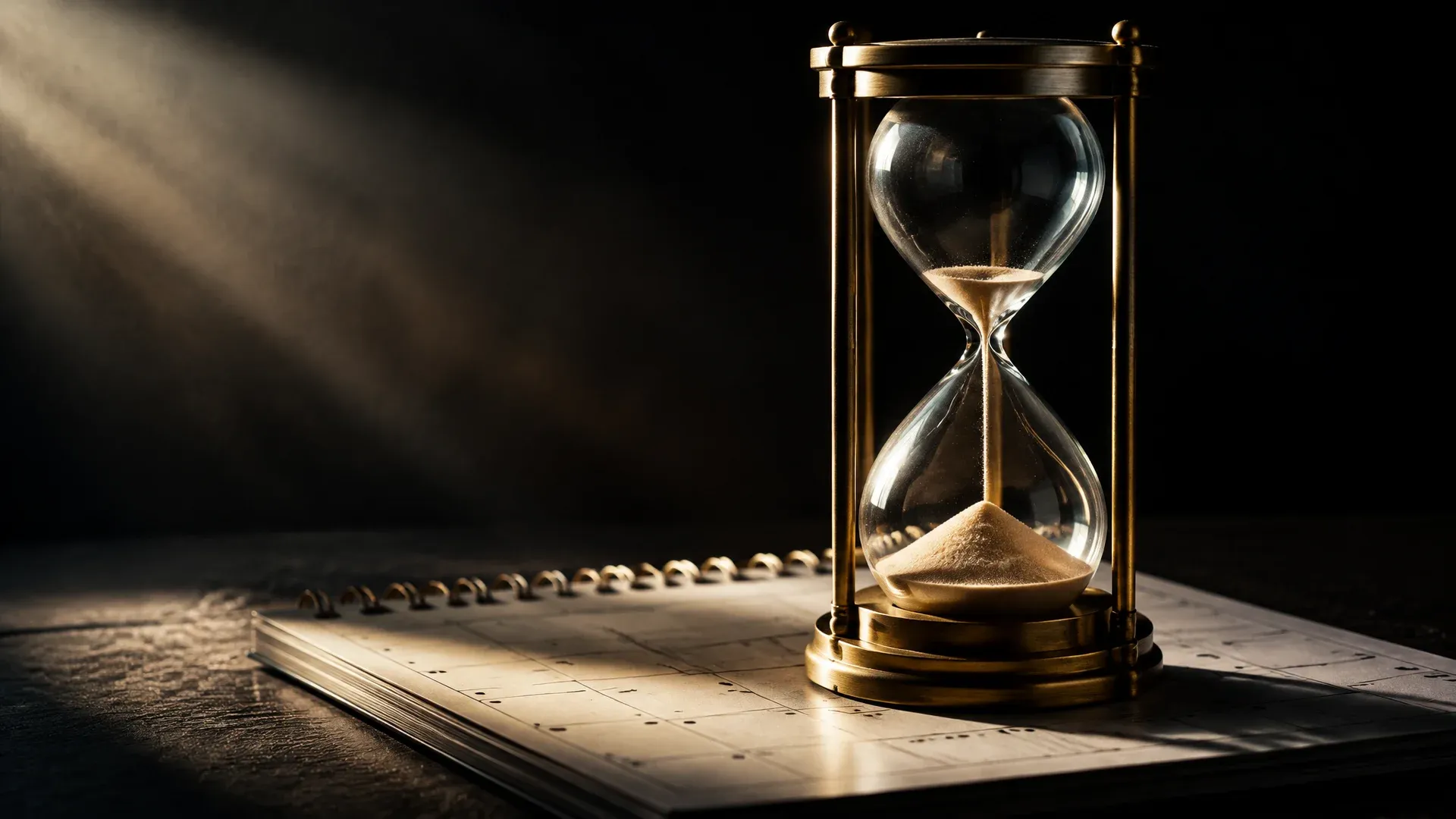 Messing-Sanduhr mit fast durchgelaufenem Sand auf einem Wandkalender ohne Beschriftung