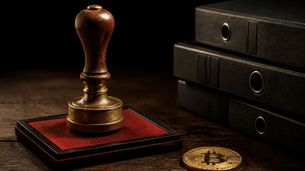 Messingstempel auf rotem Stempelkissen neben Aktenordnern und einer liegenden Bitcoin-Münze auf dunklem Holz