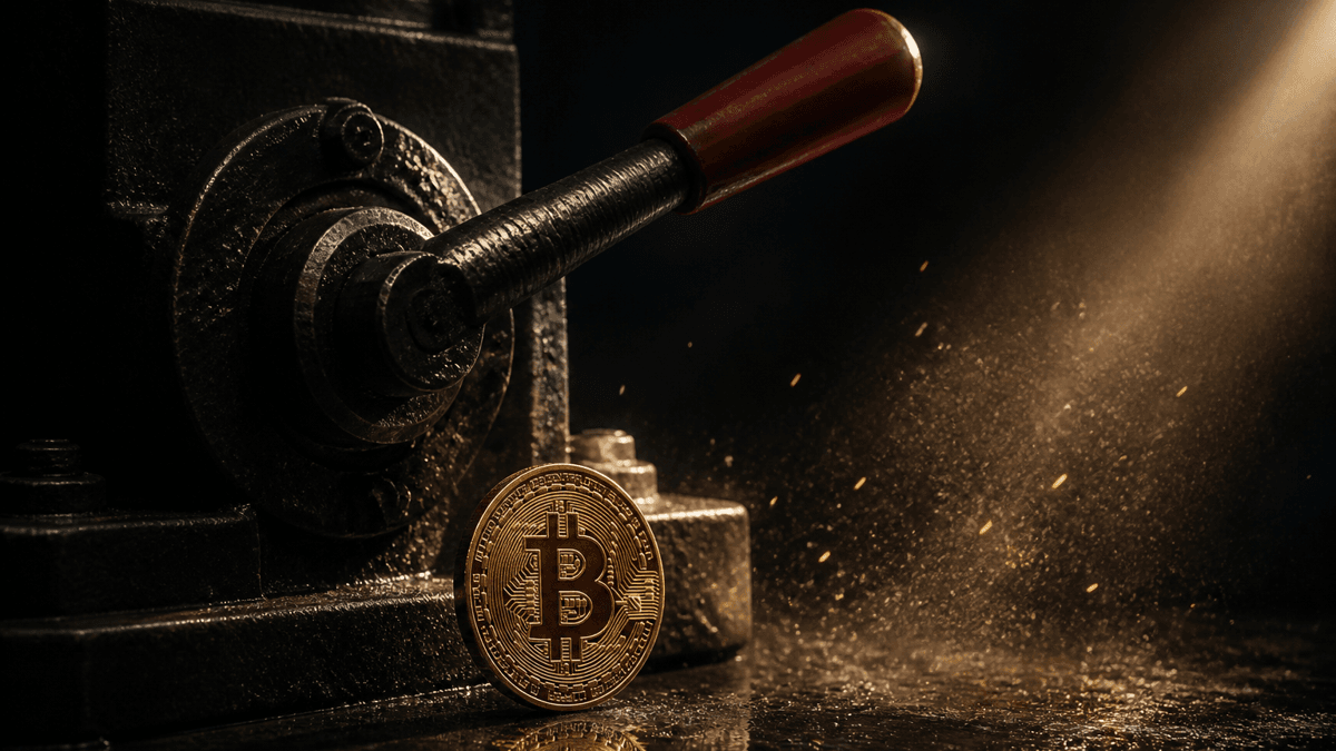 Halb umgelegter industrieller Schalthebel aus Stahl mit rotem Griff vor einer aufrecht stehenden Bitcoin-Münze