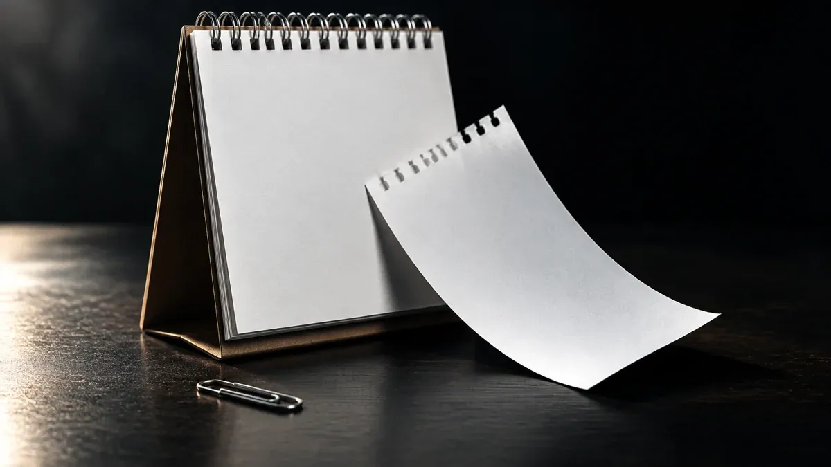 A cardboard desk calendar standing upright with blank white tear-off sheets on a dark desk, one sheet coming loose and falling to the side