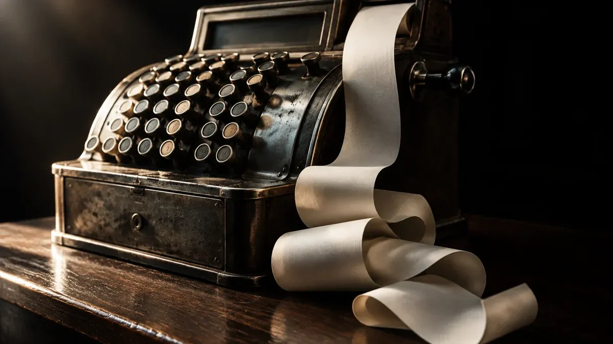 An old metal cash register with large round keys, a long blank receipt roll spilling from it in loops onto the counter