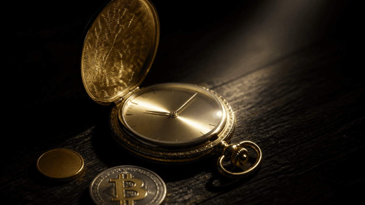 Antike Taschenuhr mit geöffnetem Deckel auf dunklem Holz, daneben eine kleine Goldmünze und eine Münze mit B-Prägung