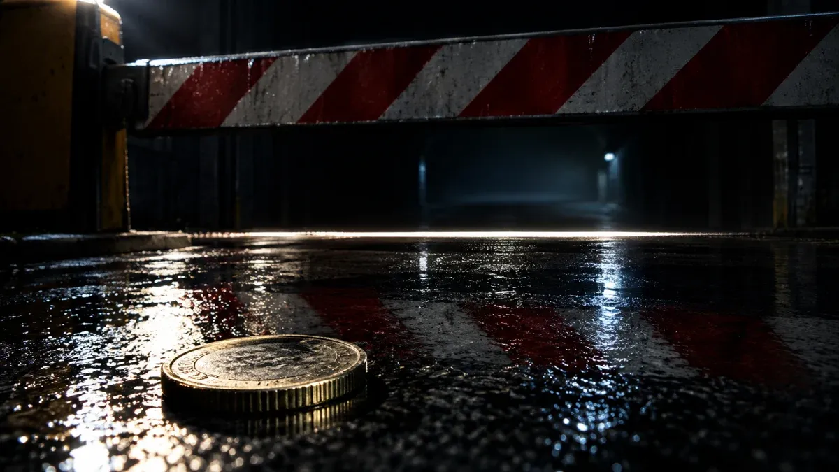 Eine schwere Schranke senkt sich fast geschlossen vor einem dunklen Durchgang, davor eine Metallmünze auf nassem Asphalt