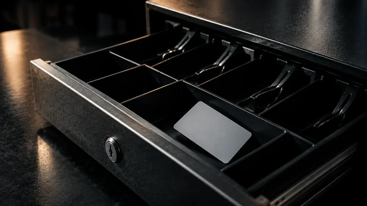 Half-open heavy metal cash drawer with empty compartments on a dark counter, an unprinted payment card lying inside