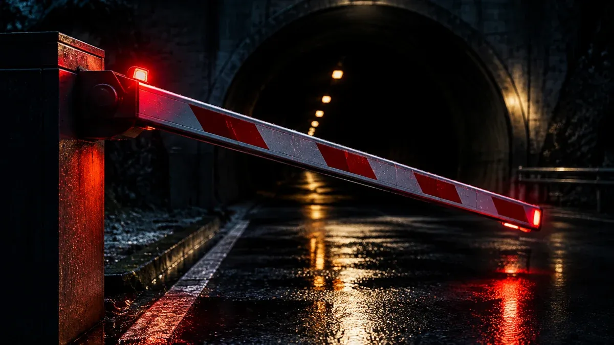 A red and white barrier arm lowering in front of the dark entrance of a tunnel at night, wet asphalt reflecting the light