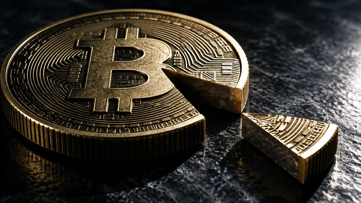 Metallmünze mit eingeprägtem Bitcoin-Symbol, aus deren Rand ein schmaler keilförmiger Ausschnitt herausgeschnitten ist, das Keilstück liegt daneben im Licht
