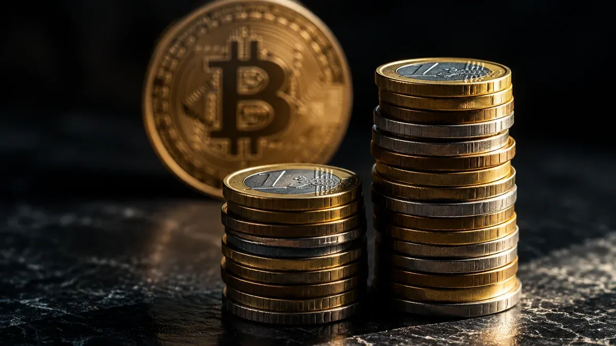 Zwei ungleich hohe Stapel aus Euro-Münzen auf dunkler Steinplatte, dahinter unscharf eine aufrechte Metallmünze mit eingeprägtem Bitcoin-Symbol