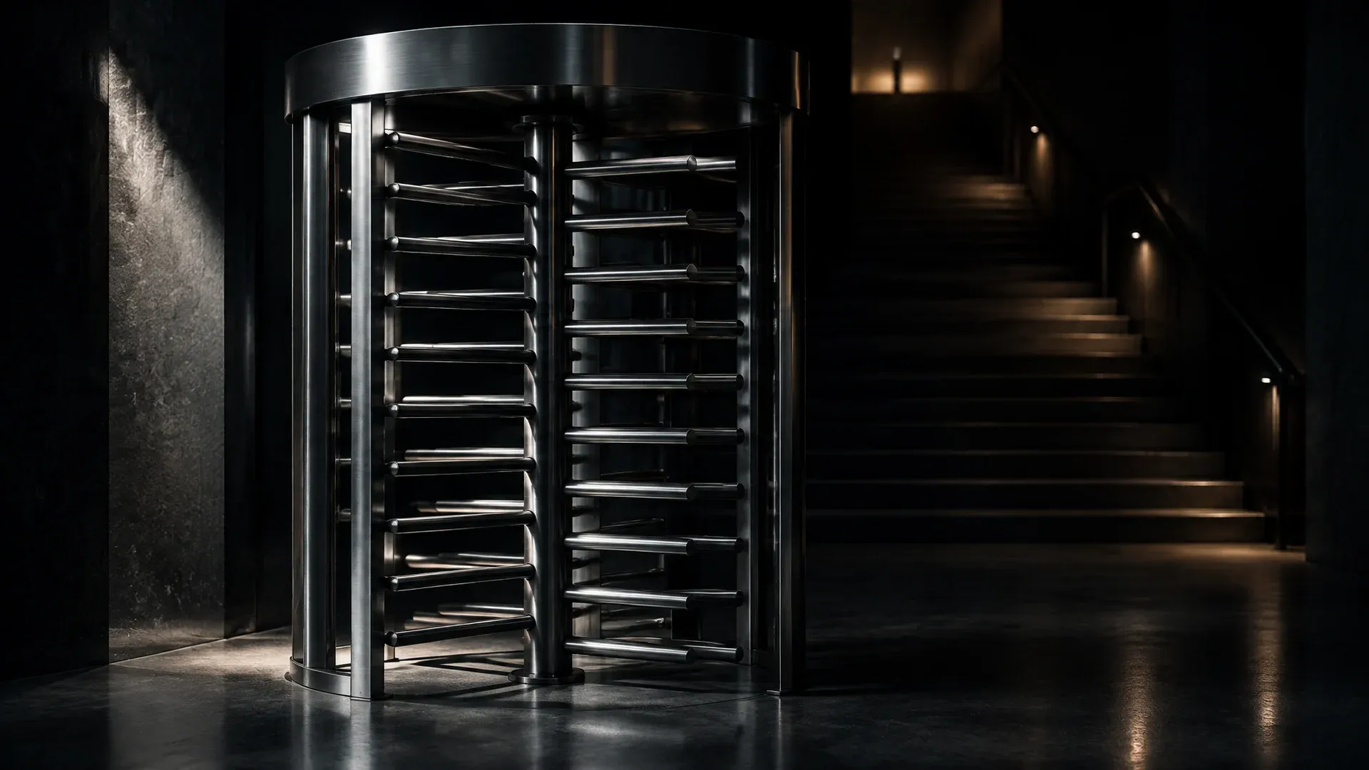 Closed brushed-steel turnstile in a dark foyer, with a dimly lit staircase behind it