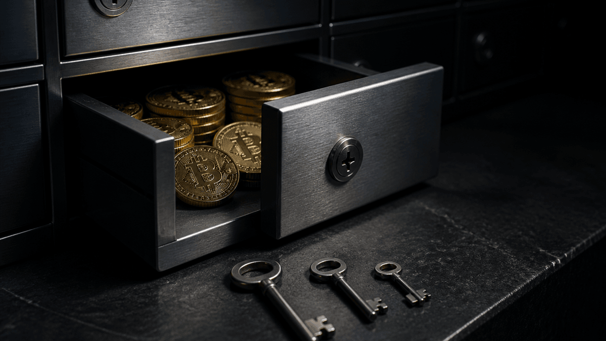 Ein halb geöffnetes Treuhandfach aus Stahl mit gestapelten Bitcoin-Münzen, davor drei unterschiedlich große Schlüssel auf einer Steinplatte