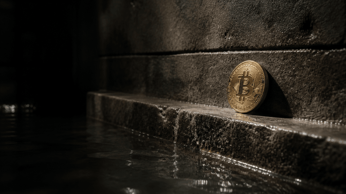 In einer dunklen Steinkammer steigt Wasser bis kurz unter eine eingemeißelte Markierungslinie, auf einem Sims darüber liegt eine Bitcoin-Münze