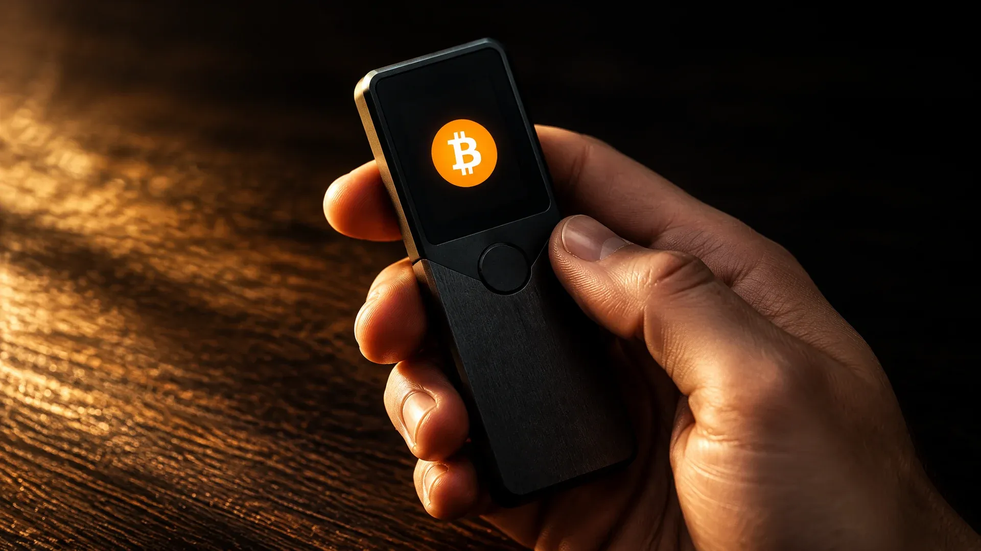 Markenlose Hardware-Wallet in einer Hand über einem dunklen Holztisch, auf dem Display leuchtet das Bitcoin-Zeichen