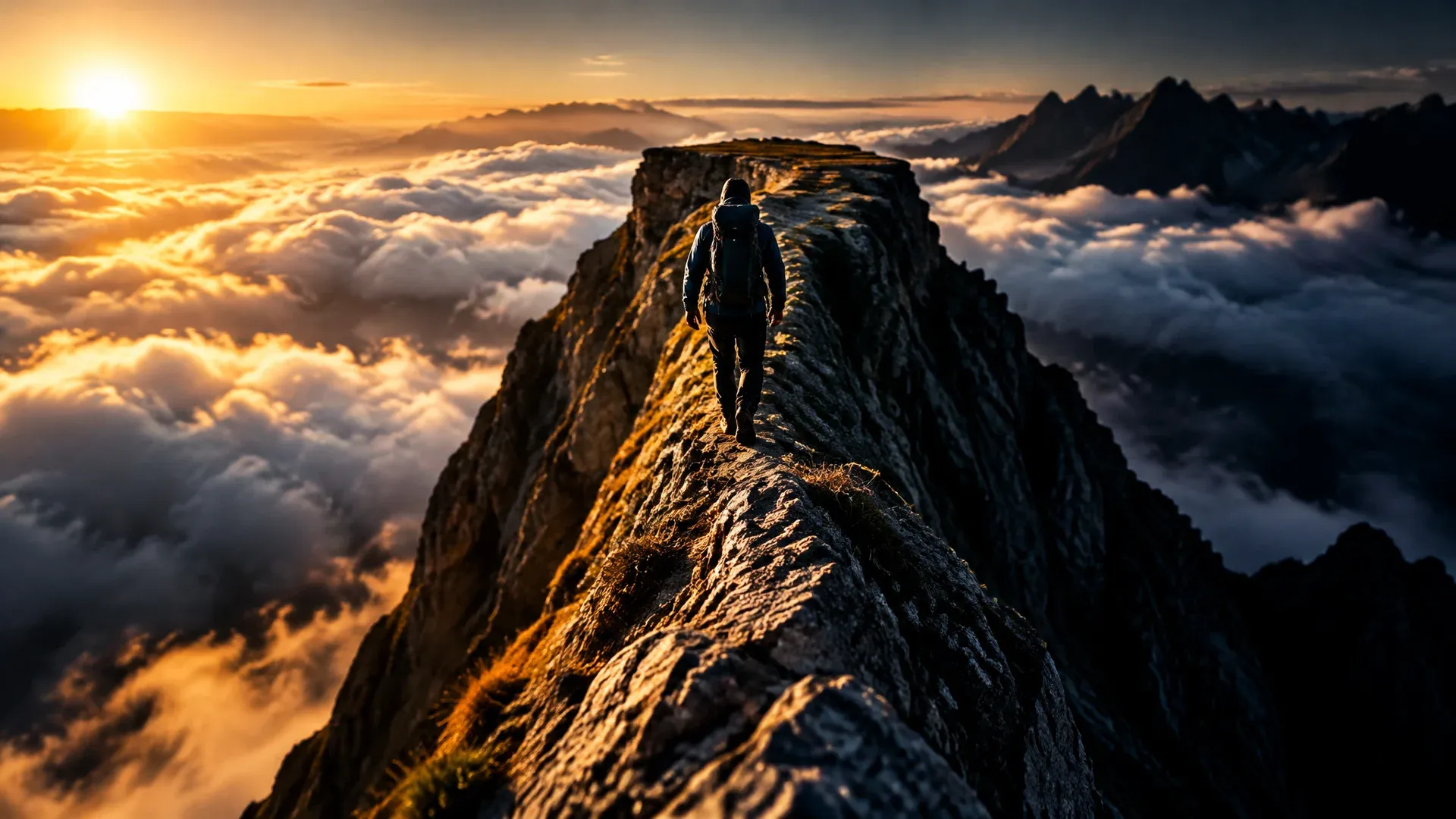 Schmaler Felsgrat ueber einem Wolkenmeer im ersten Morgenlicht, der Grat laeuft auf einen flachen Vorsprung zu