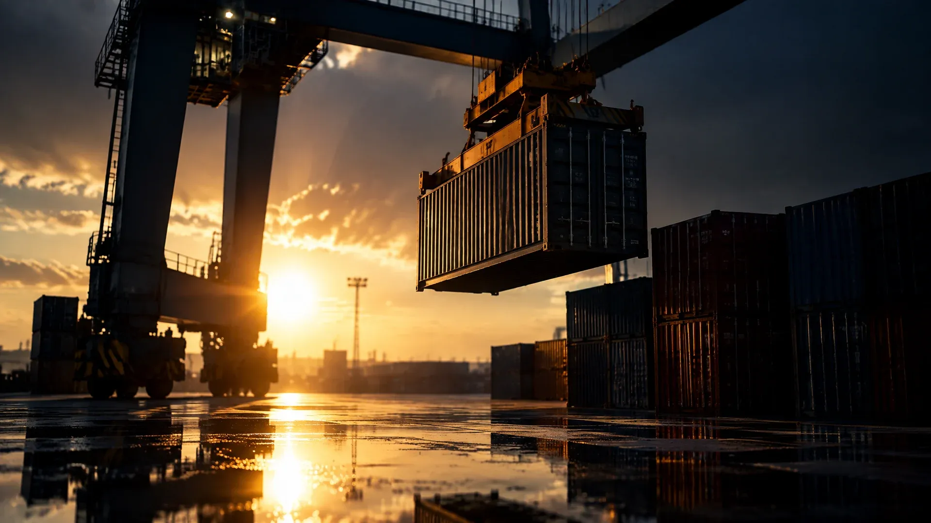 Gantry crane at a freight terminal backlit by the morning sun, holding a single container above wet concrete