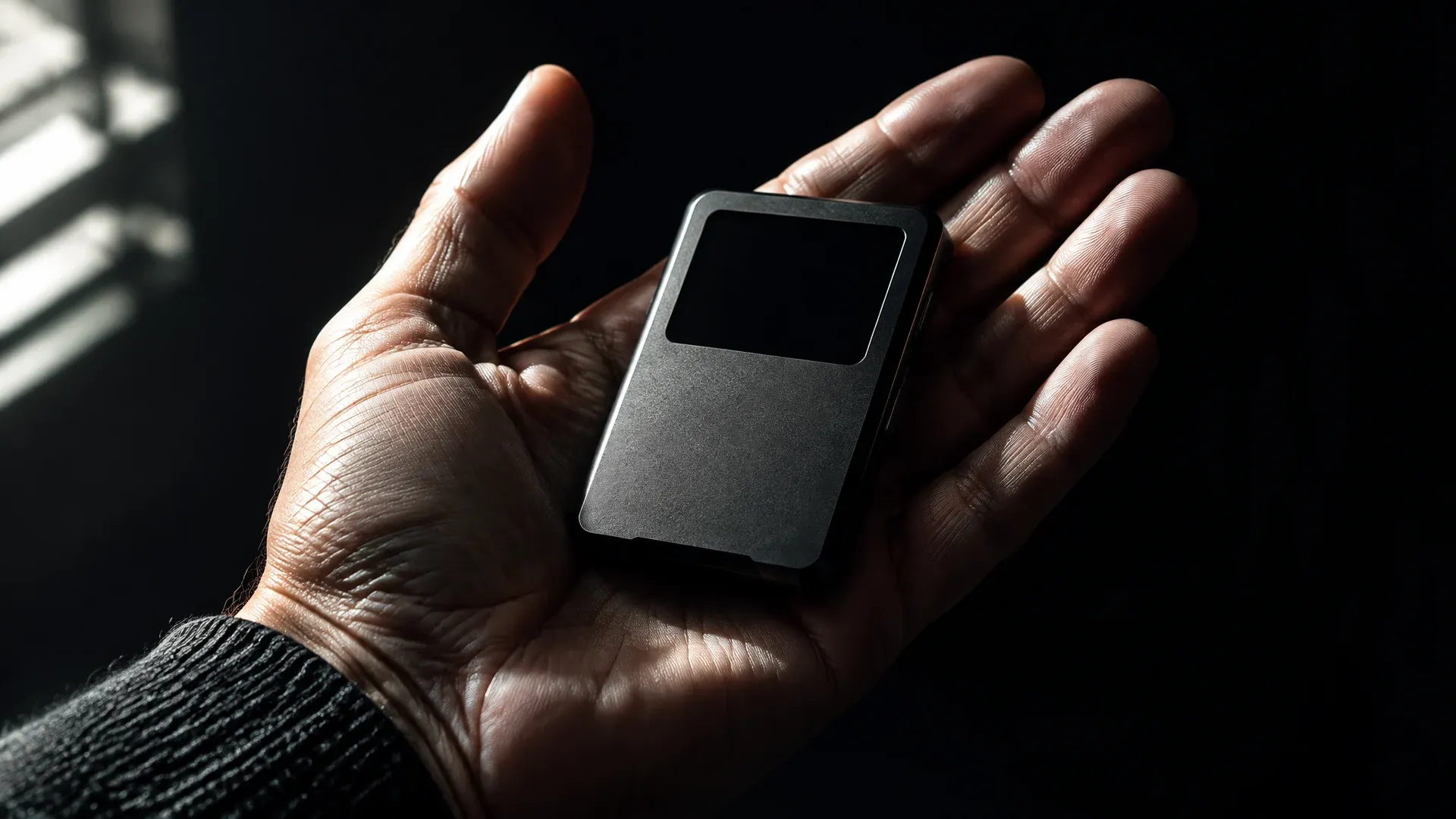 Unbranded hardware wallet in dark metal resting on an open palm, the display stays black, side window light