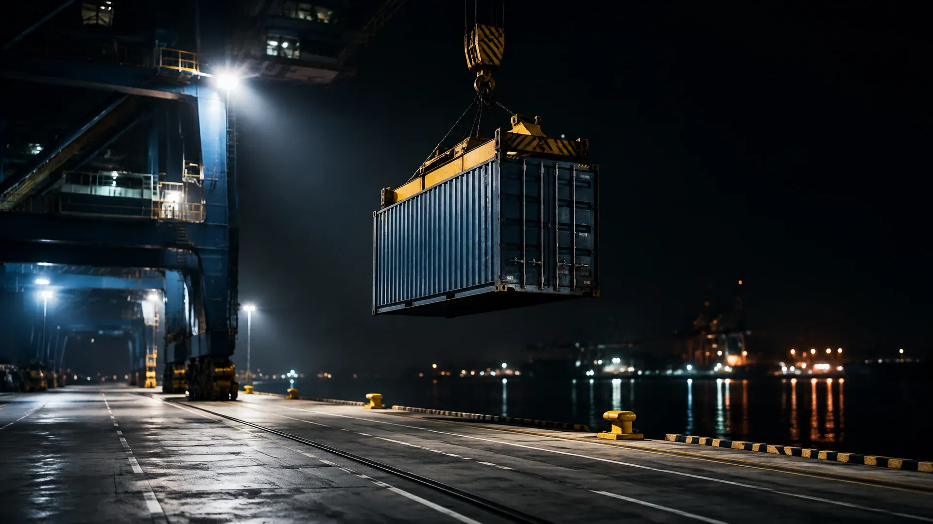 Nachtlicher Frachtkai unter Flutlicht, ein einziger Container haengt am Kranhaken der Verladebruecke, die uebrigen Stellplaetze liegen leer