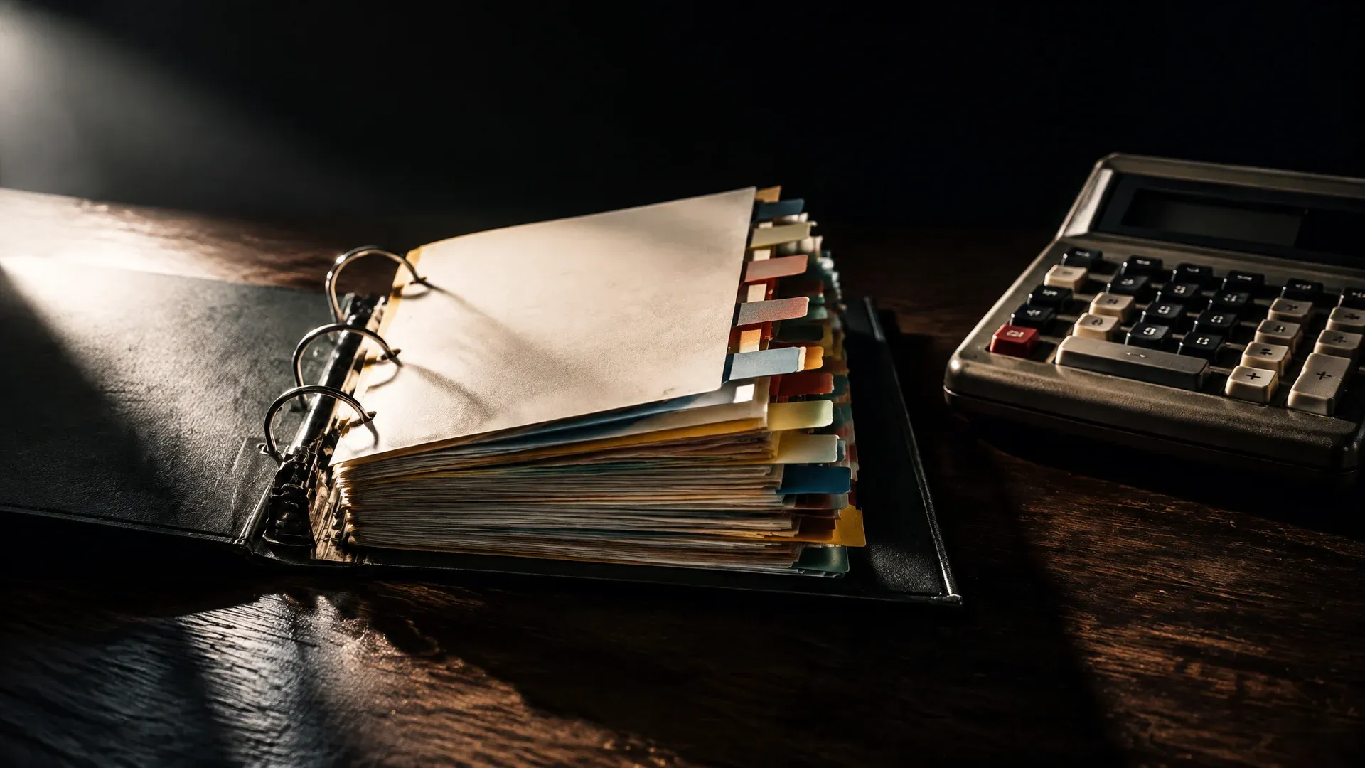 Open ring binder with labelled index tabs on a dark wooden table, next to it an old desk calculator with large keys