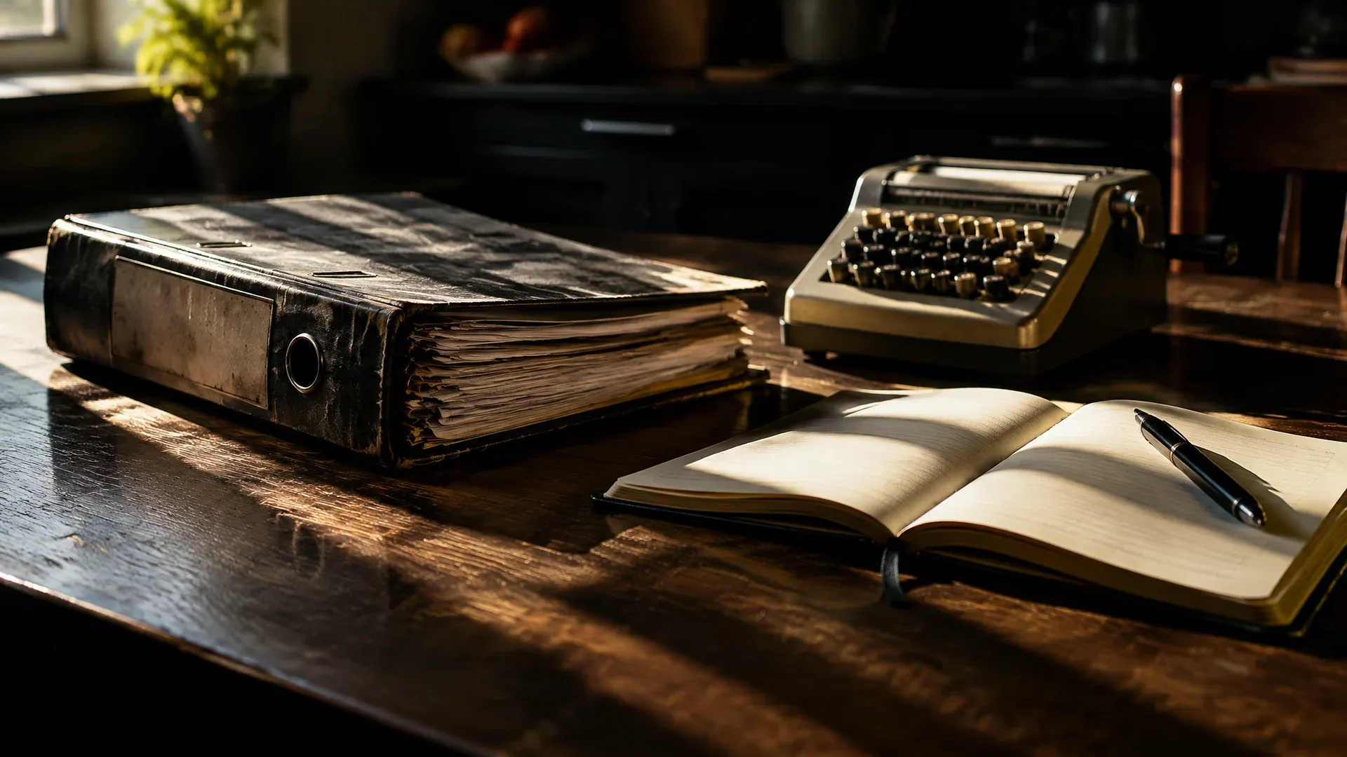Worn paper ring binder, mechanical desk calculator and open notebook on a dark wooden table top in raking light