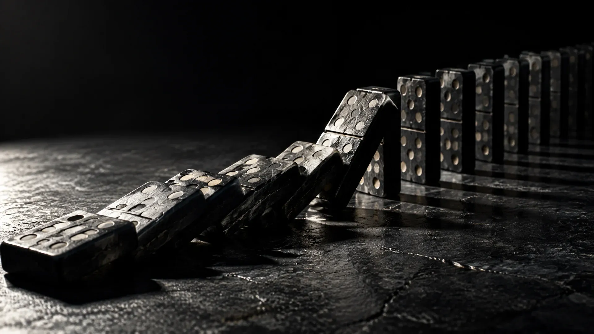 Row of heavy dominoes on a dark stone slab, the front seven have toppled, the eighth is tipping over, the ones behind still stand upright
