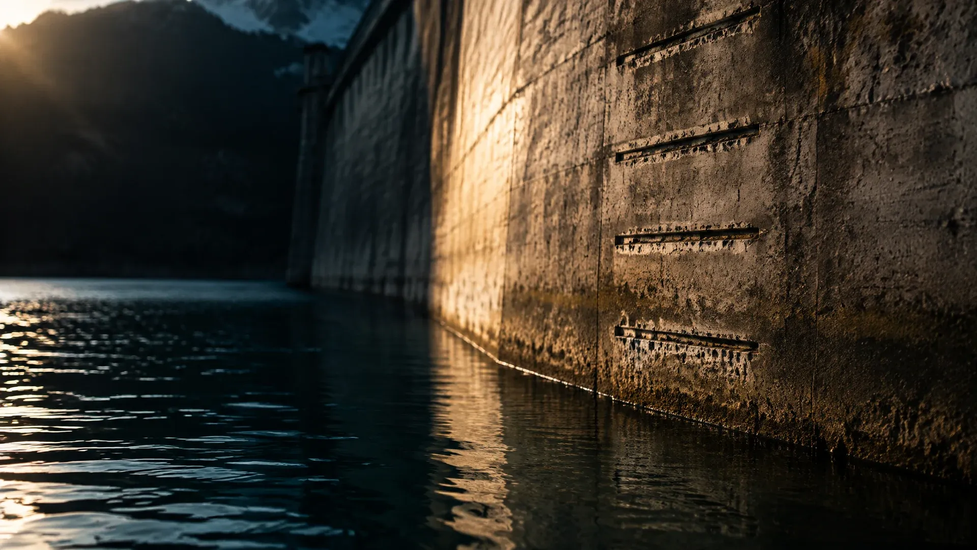 Eingemeisselte Pegelmarken an der Betonwand einer Staumauer, der Wasserstand steht unter der untersten Marke