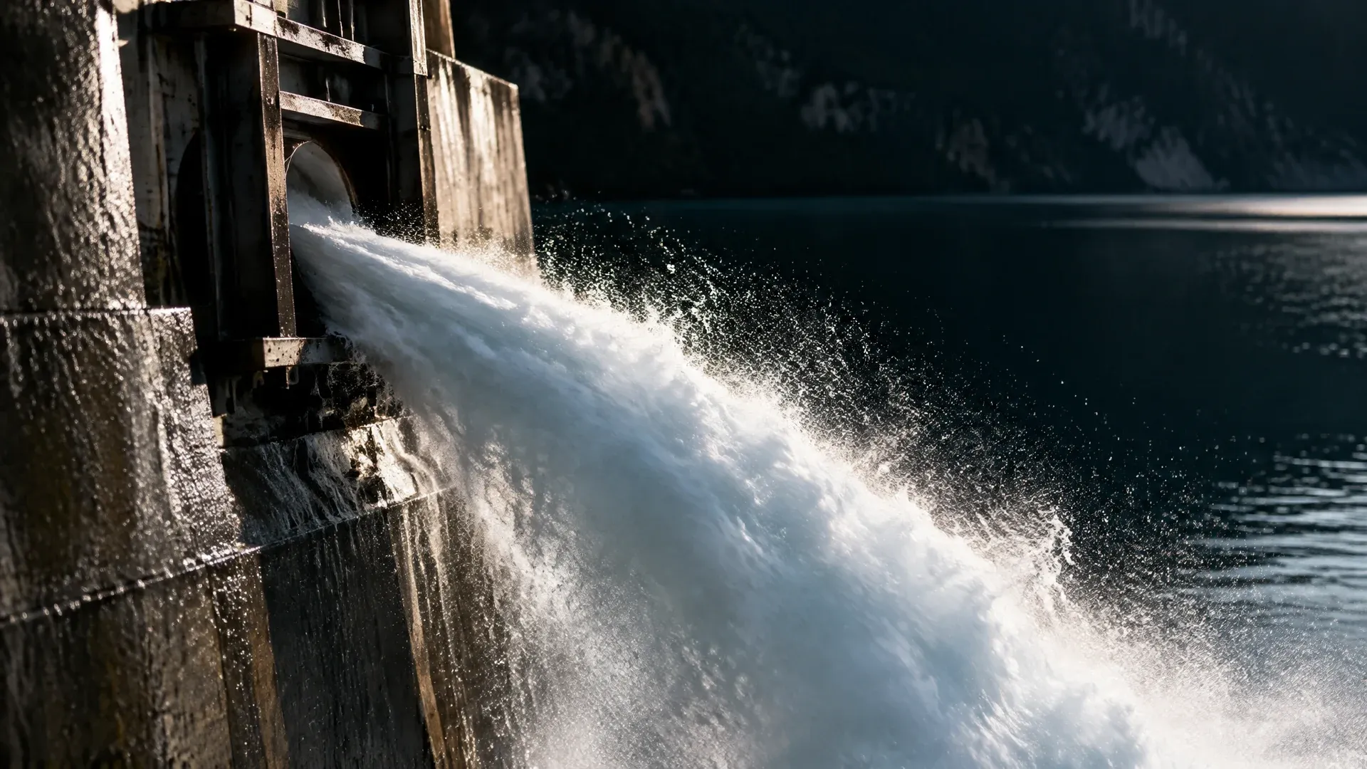 Geoeffnetes Schuetz einer Staumauer, ein gebuendelter Wasserstrahl schiesst im Gegenlicht in die Tiefe, dahinter die ruhige Flaeche des Stausees