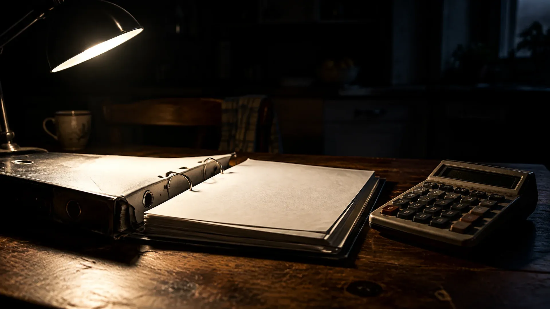 Aufgeschlagener Aktenordner mit leeren Belegblättern und ein Tischrechner auf einem Holztisch unter einer Schreibtischlampe