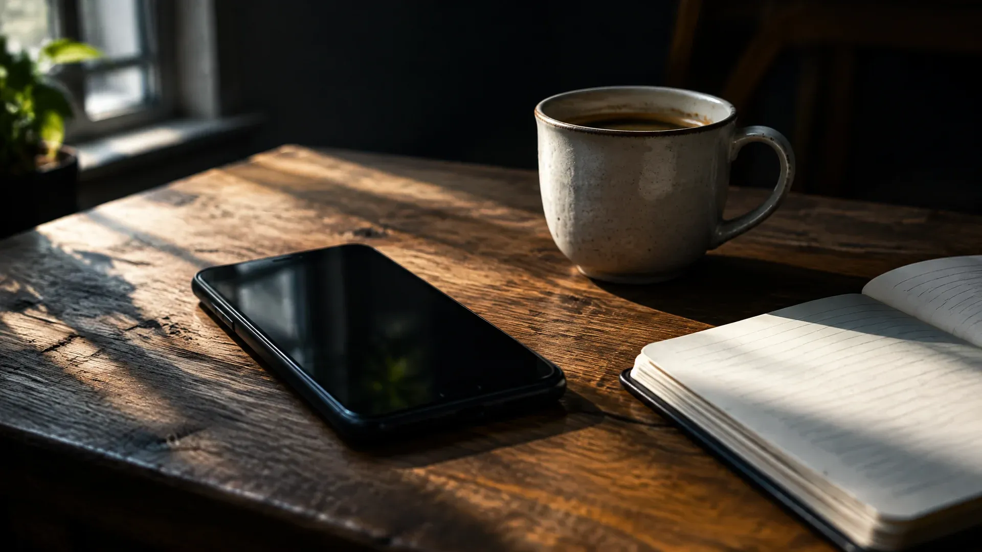 Dunkles Smartphone mit dem Display nach oben auf einem Holztisch, daneben eine halb leere Kaffeetasse und ein aufgeschlagener Notizblock im Morgenlicht