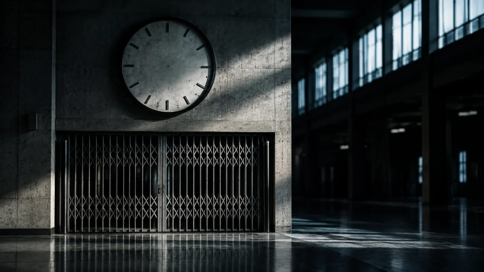Große runde Bahnhofsuhr ohne Ziffern und ohne Zeiger an einer Betonwand einer leeren Halle, darunter eine geschlossene Metallschranke