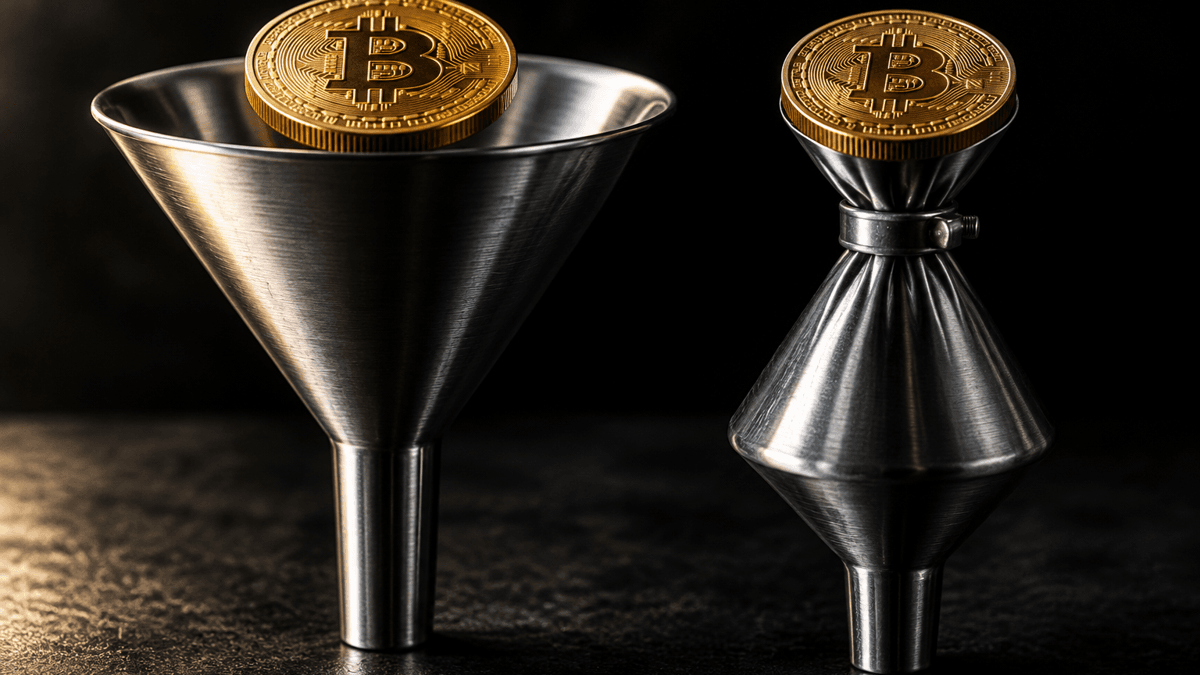 Zwei Stahltrichter nebeneinander, der linke weit offen, der rechte von einem Metallring zusammengedrückt, vor jedem liegt eine goldene Münze mit Bitcoin-Zeichen