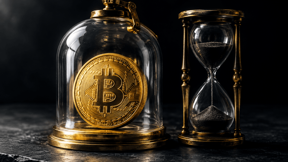 Goldene Münze mit eingeprägtem Bitcoin-Zeichen unter einer dicken Glasglocke mit Messingverschluss, daneben eine Sanduhr mit dunklem Sand
