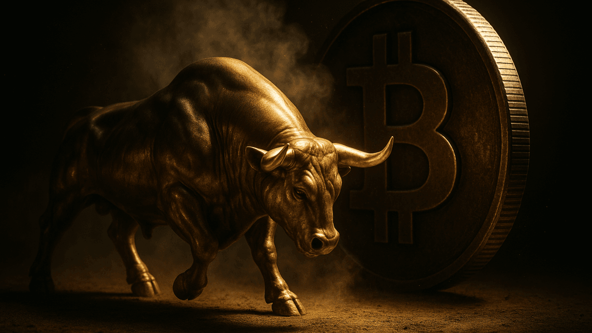 golden bull lowering its head in front of an upright metal coin