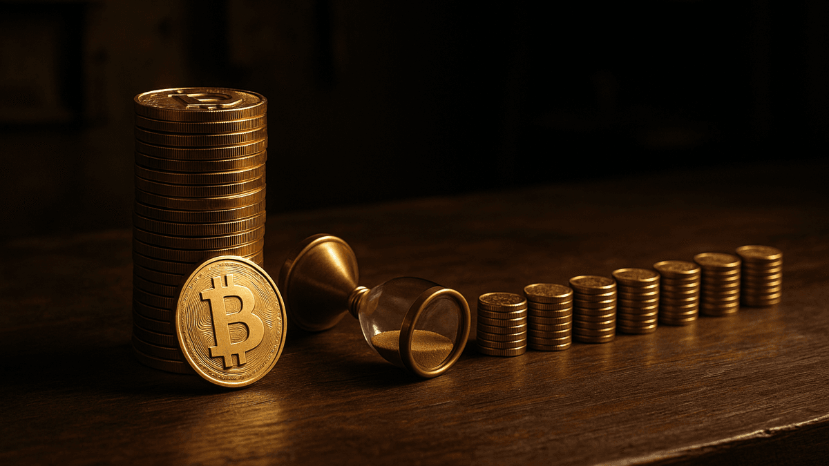 a tall tower of coins beside a row of twelve equally sized coin stacks on dark wood