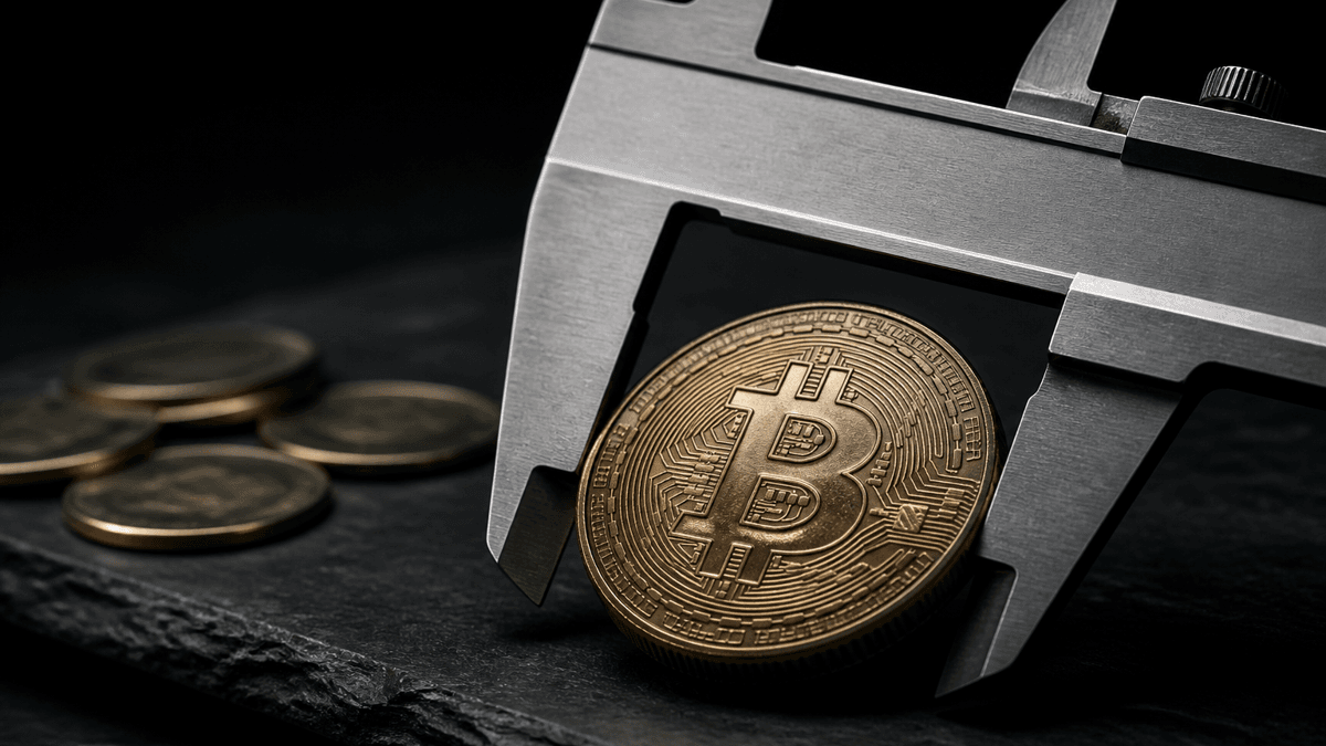 Stahl-Messschieber misst eine dicke geprägte Bitcoin-Münze auf dunklem Schiefer, daneben liegen dünne Münzplättchen