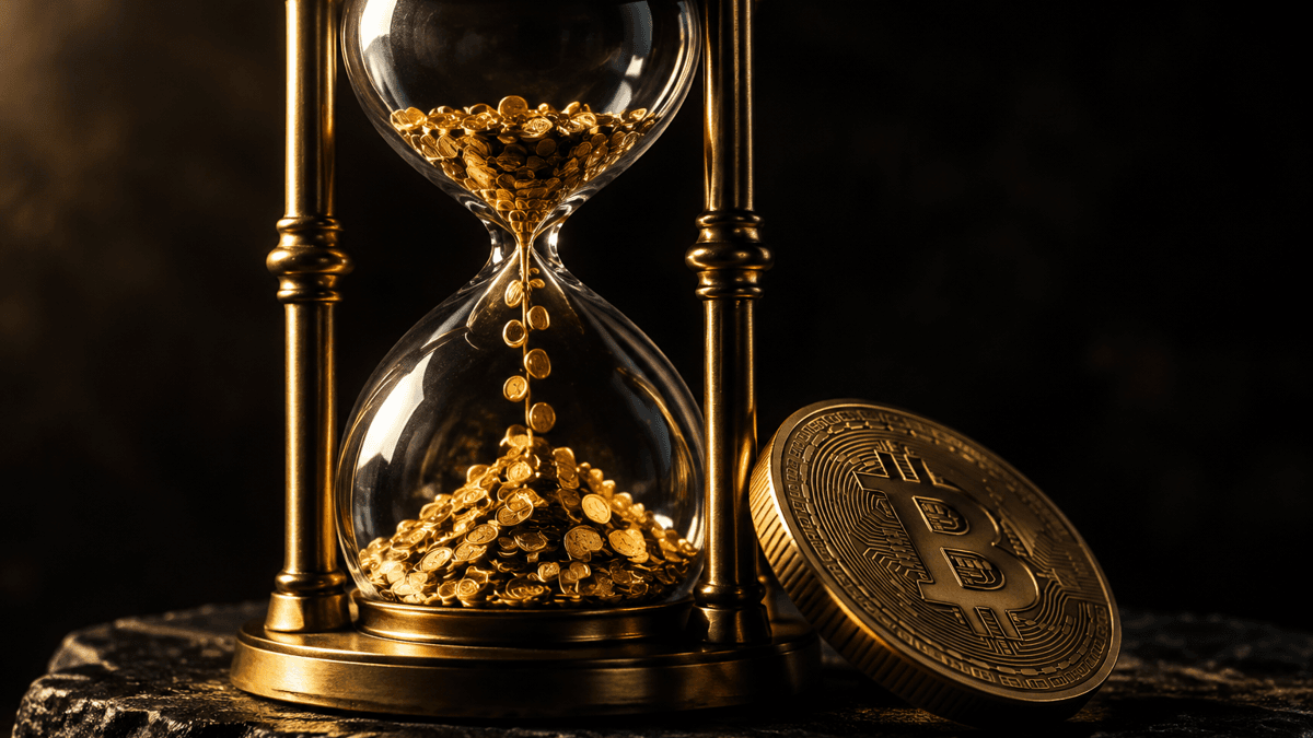 Messing-Sanduhr, durch die goldene Münzen rieseln, daneben eine gekippte Bitcoin-Münze