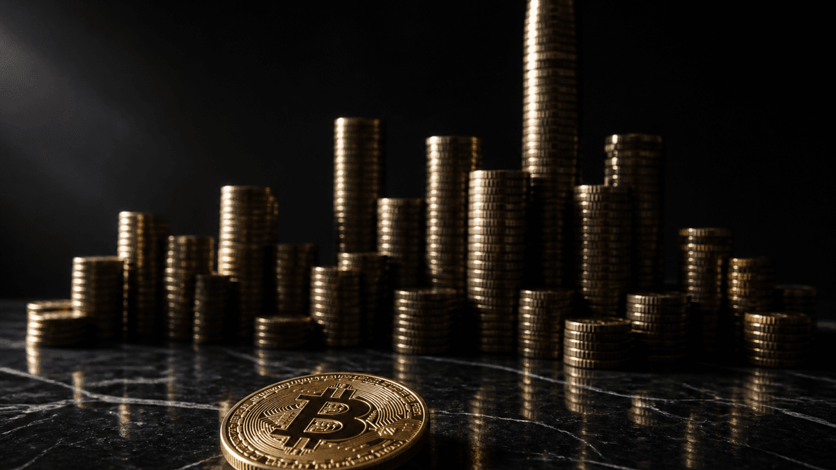 Reihe unterschiedlich hoher Münzstapel auf dunklem Stein, ein Stapel ragt weit heraus, davor eine Bitcoin-Münze