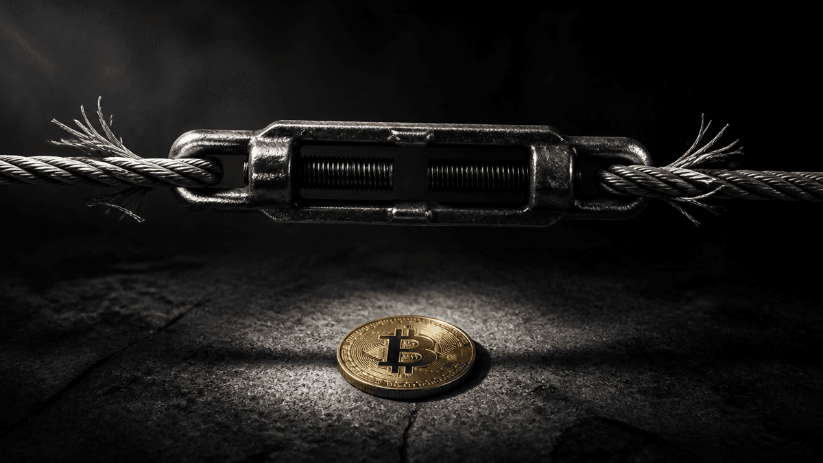 Bis zum Zerreißen gespanntes Stahlseil in einem Spannschloss, darunter eine einzelne Bitcoin-Münze auf Beton
