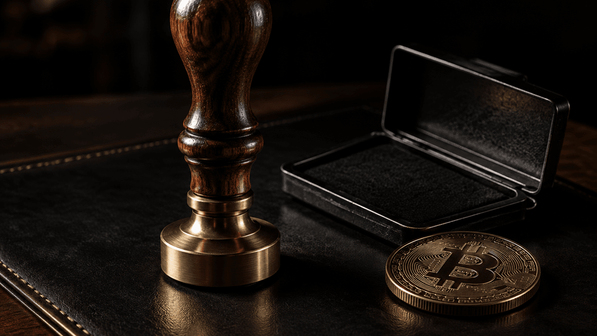 Aufrecht stehender Amtsstempel mit Holzgriff und Messingfassung neben einem offenen Stempelkissen und einer Münze mit Bitcoin-Zeichen