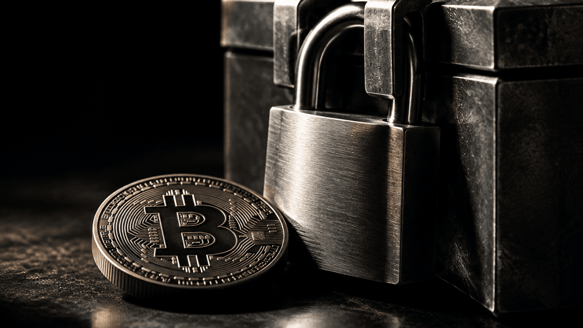 Massives Stahl-Vorhängeschloss in den Bügeln einer Metallkassette, davor im Schatten eine Münze mit Bitcoin-Zeichen