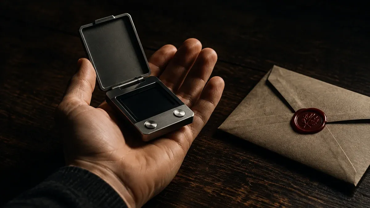 Aufgeklappte metallene Hardware-Wallet in einer geoeffneten Handflaeche ueber dunkler Holzplatte, daneben ein versiegelter Umschlag mit Wachssiegel