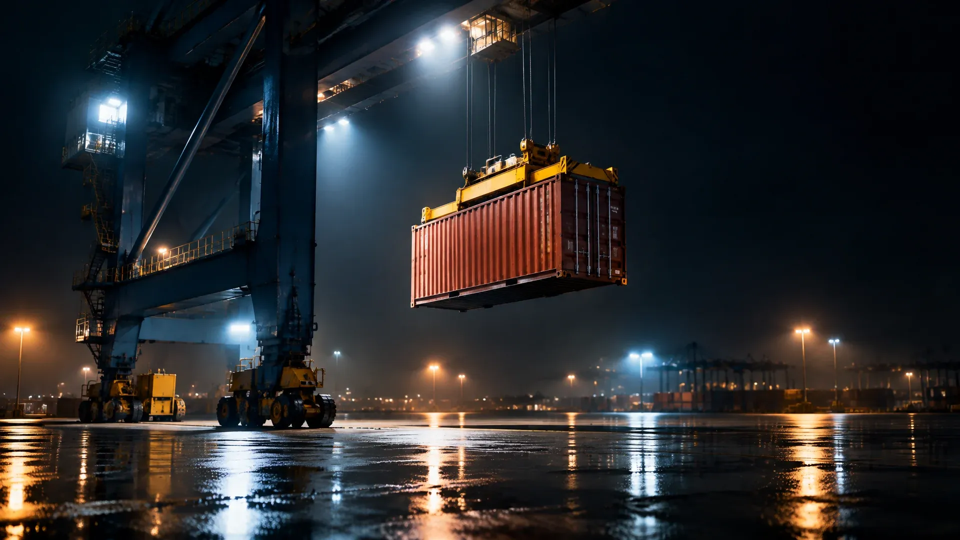 Portalkran hebt bei Nacht einen einzelnen roten Frachtcontainer über ein leeres Hafenterminal, nasser Beton spiegelt die Scheinwerfer