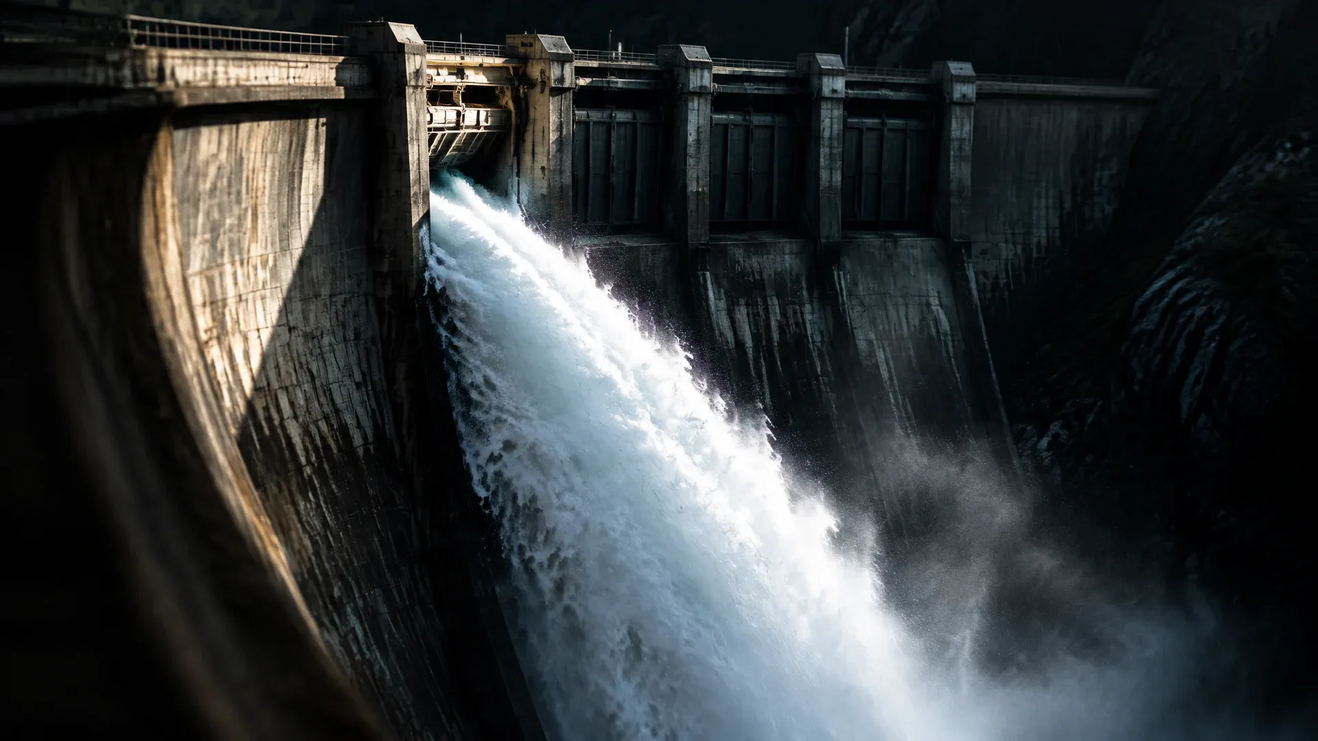 Hochwasserentlastung einer Betontalsperre, Wasser schießt durch ein einziges geöffnetes Schütz in die Tiefe, die übrigen Schütze bleiben zu