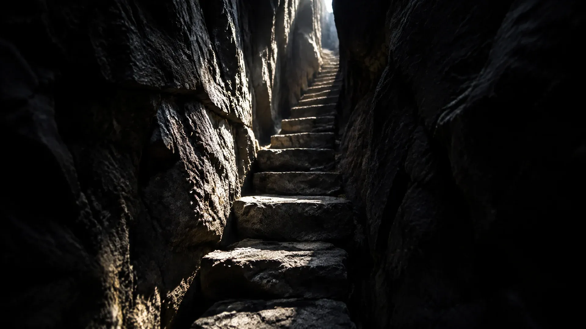 Narrow staircase of rough granite steps climbing steeply through a dark rock gorge, the steps growing taller and narrower towards the top