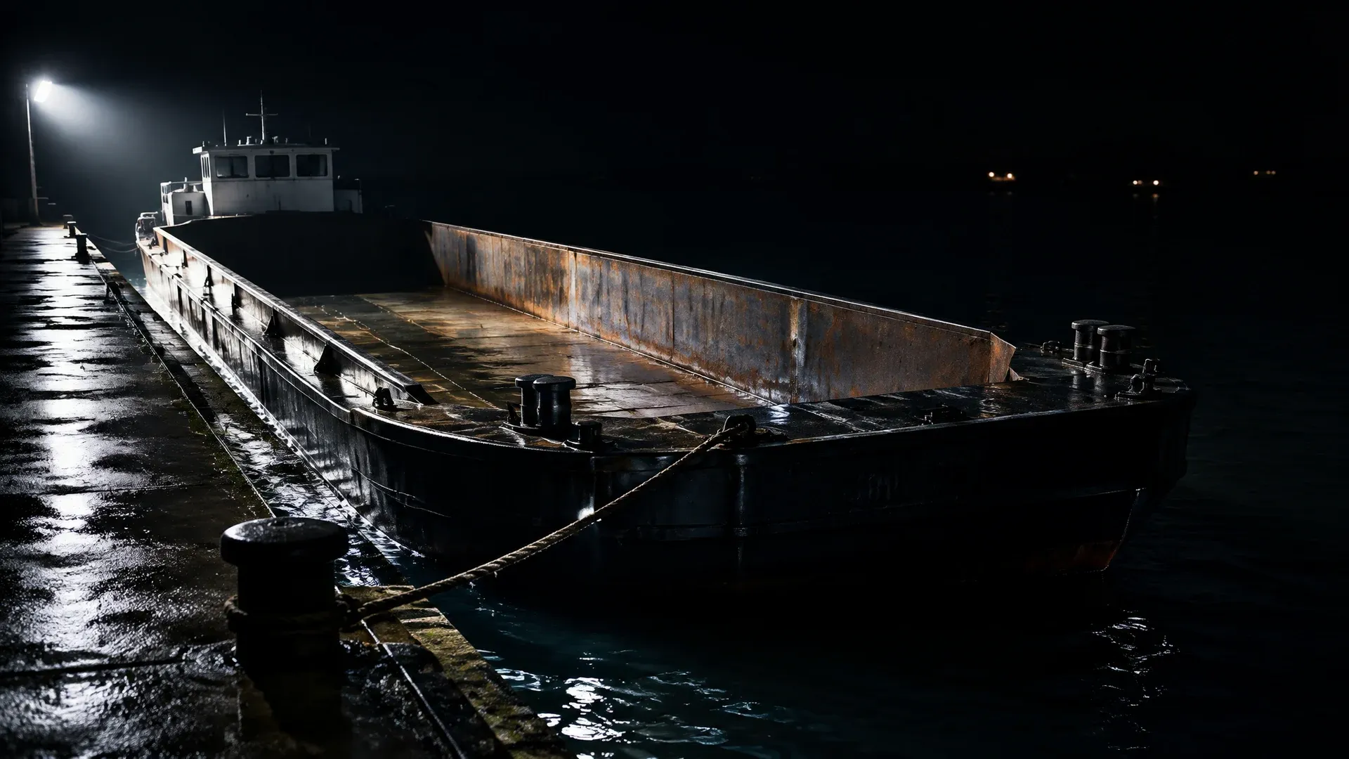 Empty flat cargo barge at a wet quay wall at night, the hold completely empty and open, a single floodlight from the side