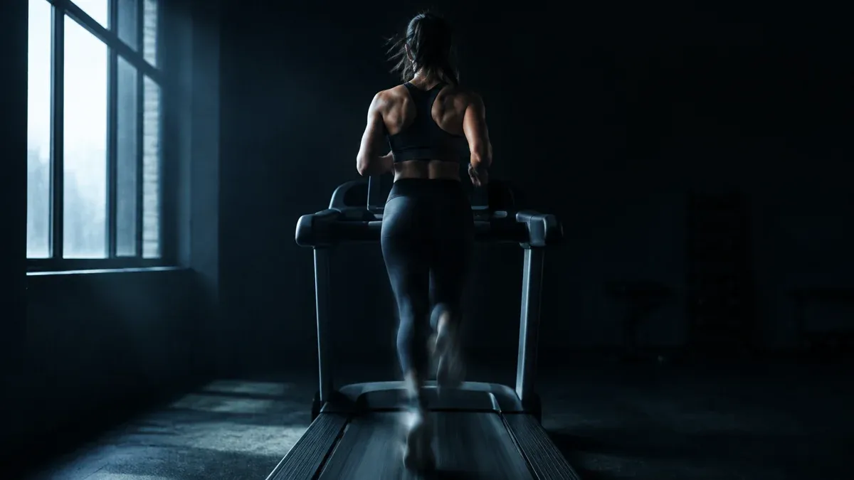 Läufer auf einem Laufband in einem dunklen, leeren Fitnessraum