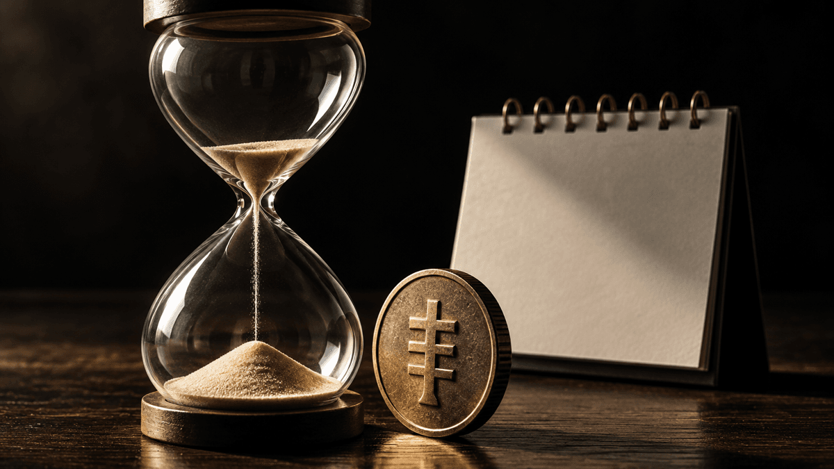 Fast durchgelaufene Sanduhr neben einer Münze und einem leeren Kalenderblatt auf dunklem Holz